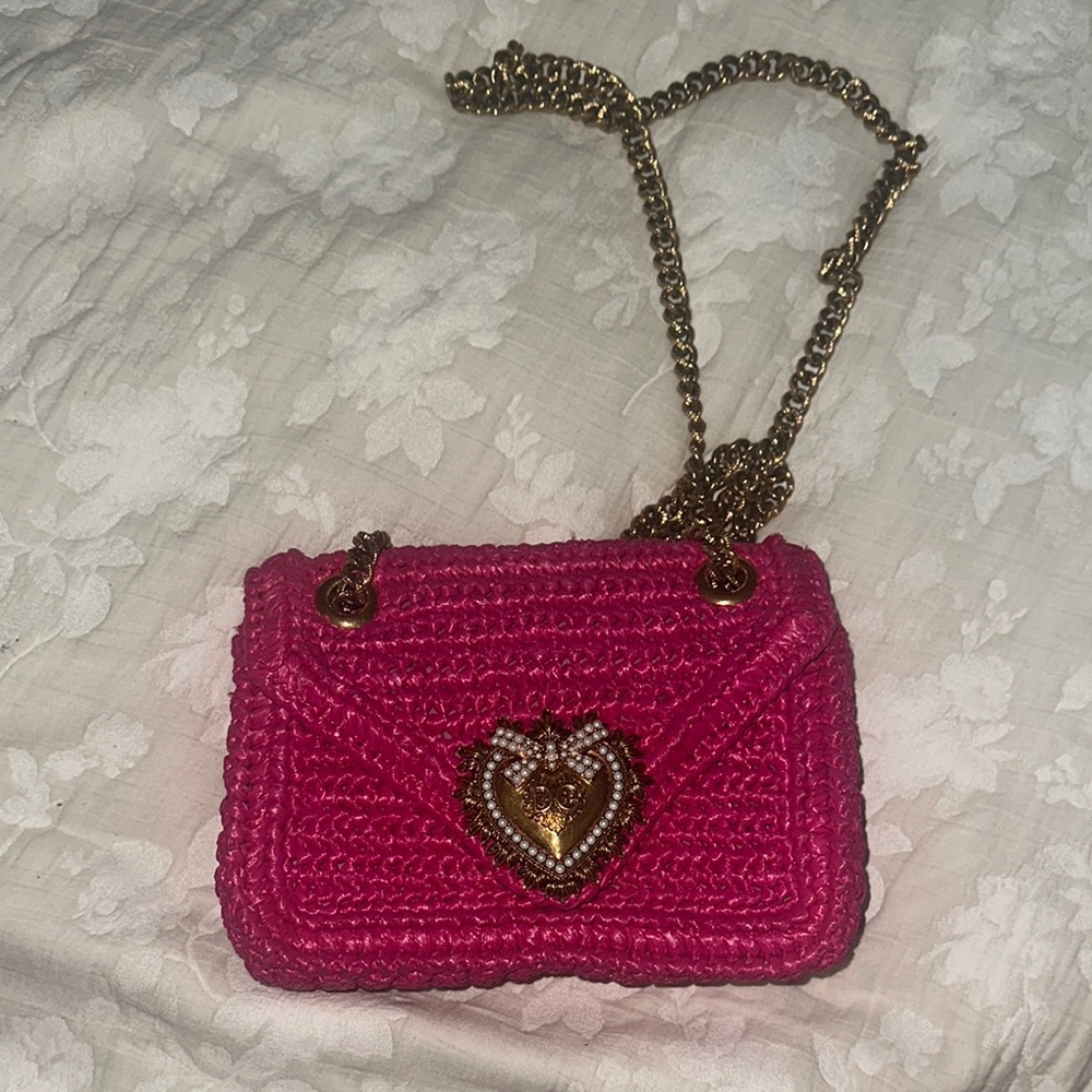 Pink Crochet Bag with Gold Chain